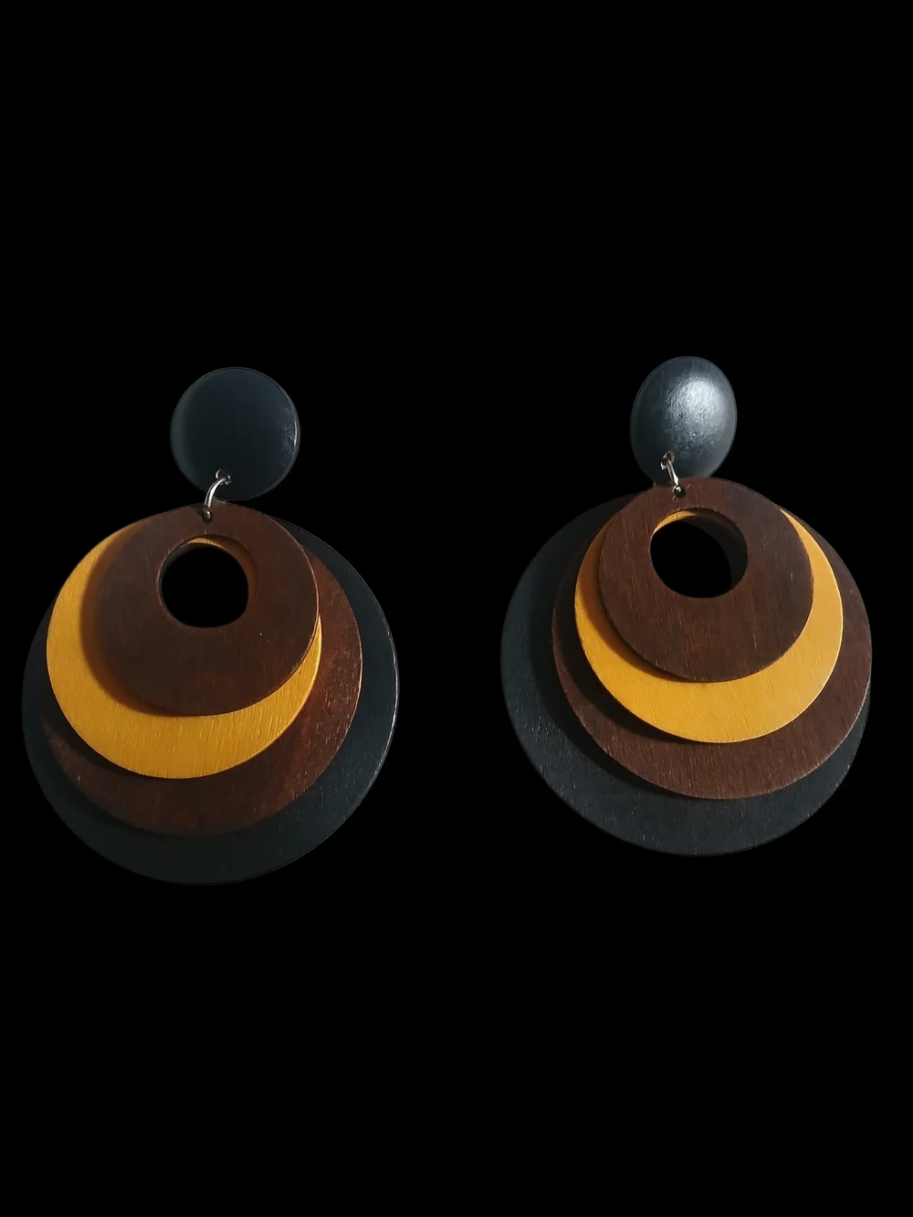 Layered Wood Circle Drop Earrings in Black, Brown & Yellow